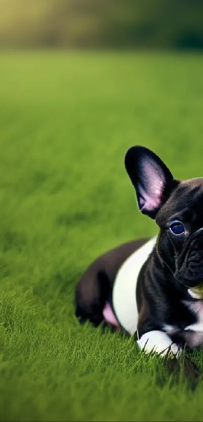 French Bulldog resting on lush green grass.