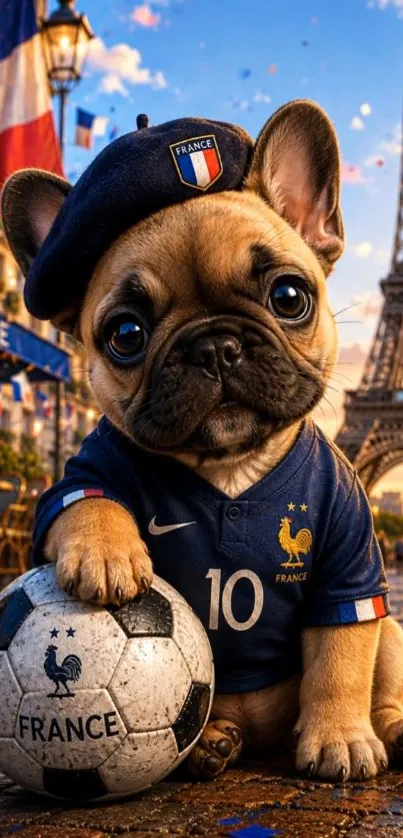 French bulldog in jersey with Eiffel Tower in the background.