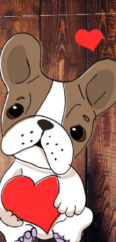 Cartoon French Bulldog holding a red heart on wooden background with scattered hearts.