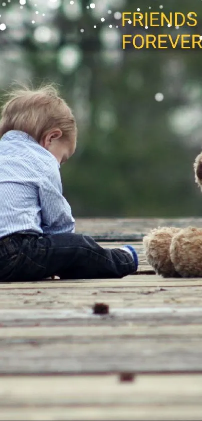 Child sitting with teddy bear on wooden bridge.