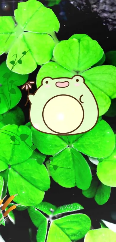 Cute cartoon frog on bright green clover leaves wallpaper.