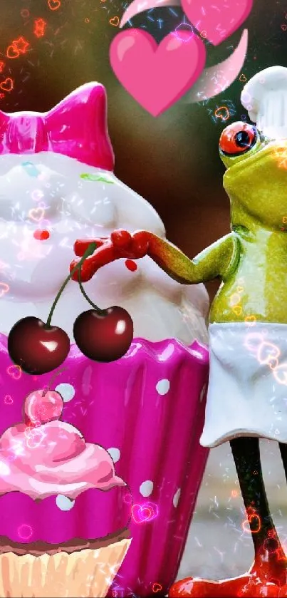 Frog chef with a cupcake and heart accents in a playful scene.