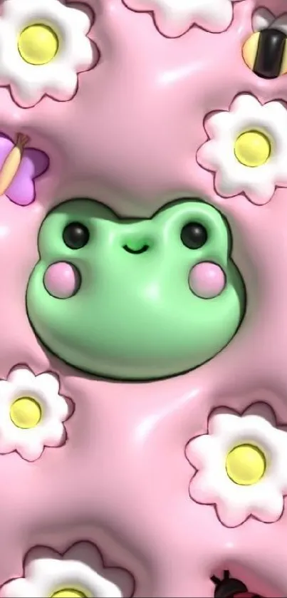 Cute frog with flowers on a pink mobile wallpaper.