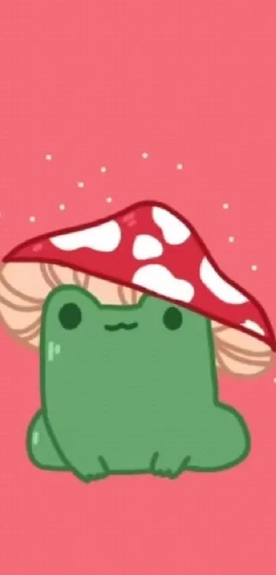 Cartoon frog with mushroom hat on pink background.