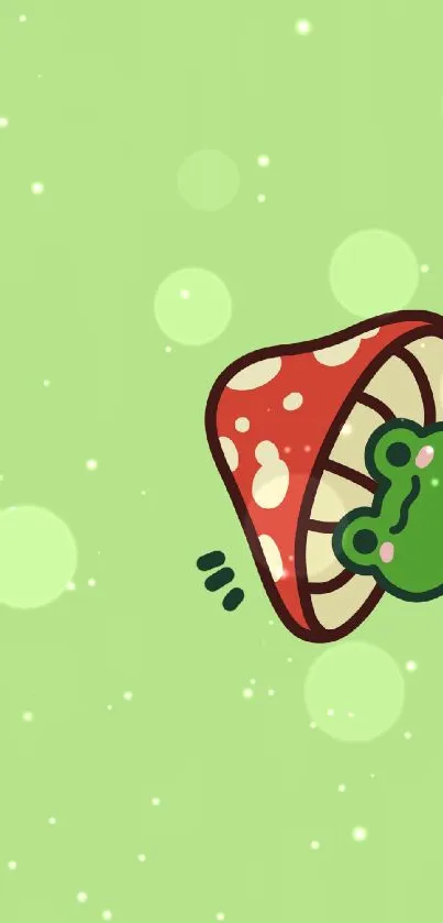 Cute frog holding a red mushroom with a light green background.