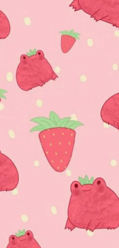 Cute pink frogs and strawberries on wallpaper.