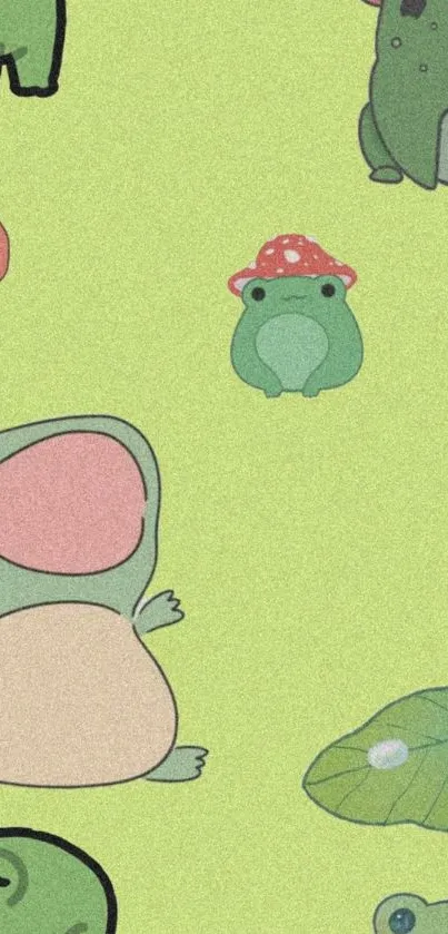 Cute cartoon frog wallpaper with pastel green background.