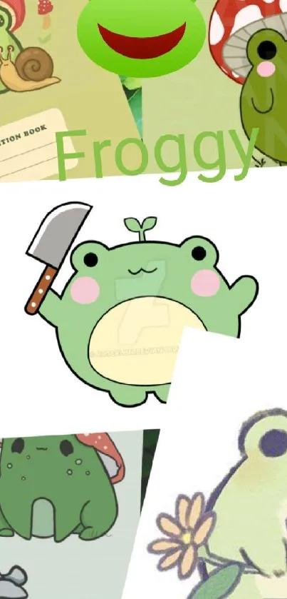 Cute frog-themed mobile wallpaper with illustrations and mushrooms.