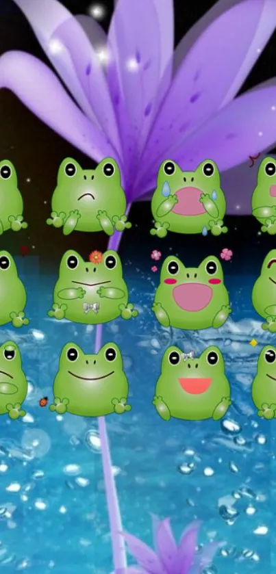 Cute frog emojis with a purple flower and blue water background.