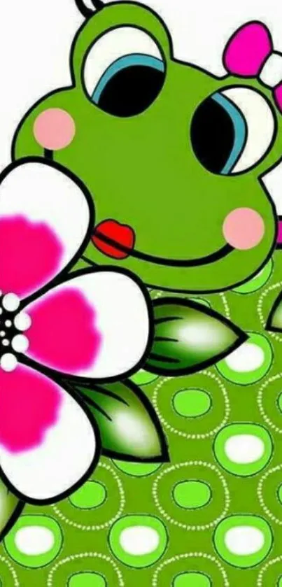 Cute frog with floral design on green background.