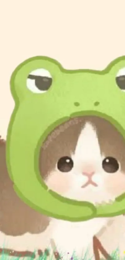 A cute cat wearing a frog hat on a pastel background mobile wallpaper.