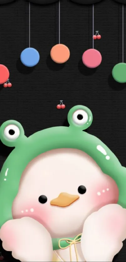 Cute character with frog hat on colorful mobile wallpaper.