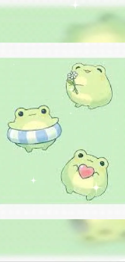 Adorable green frog wallpaper with playful illustrations.