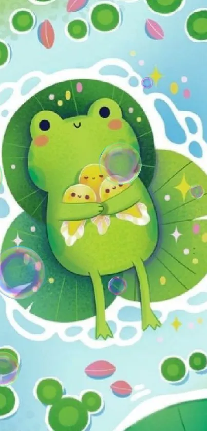 Illustration of cute frog on a lilypad with green leaves and bubbles.