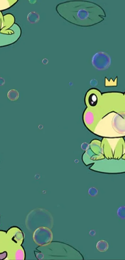 Cute cartoon frogs wearing crowns on teal background.