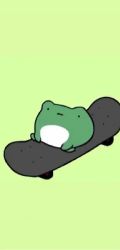 Cute cartoon frog sitting on a skateboard with a light green background.