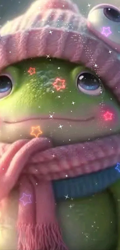 Adorable cartoon frog wearing a pink winter hat and scarf, surrounded by stars.