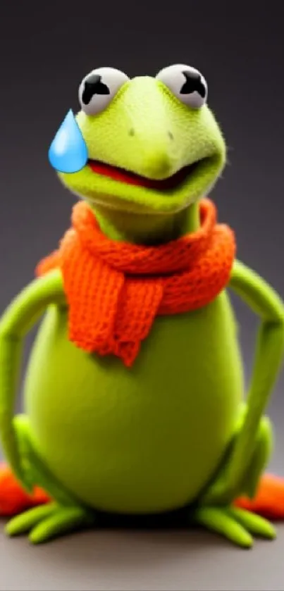 Cute green frog with orange scarf on dark background.