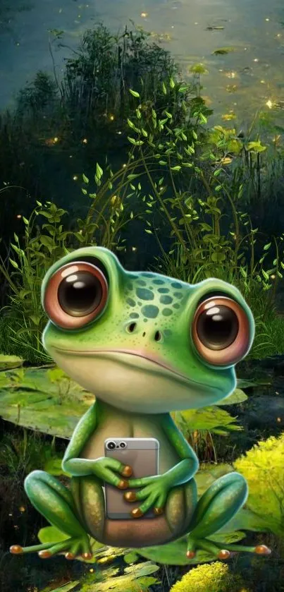 Cute frog with smartphone in a mystical forest scene.