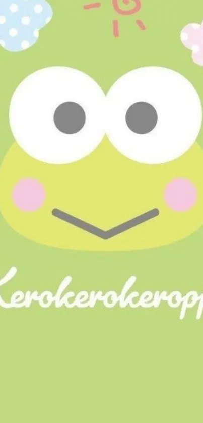 Cute Kerokerokeroppi frog on light green wallpaper.