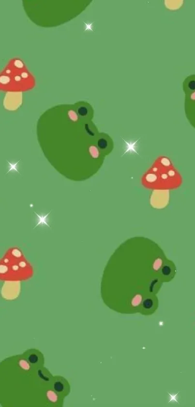 Green wallpaper with cute frogs and red mushrooms pattern.