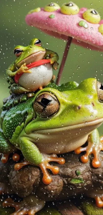 Adorable frogs under pink umbrella in the rain, vibrant green wallpaper.