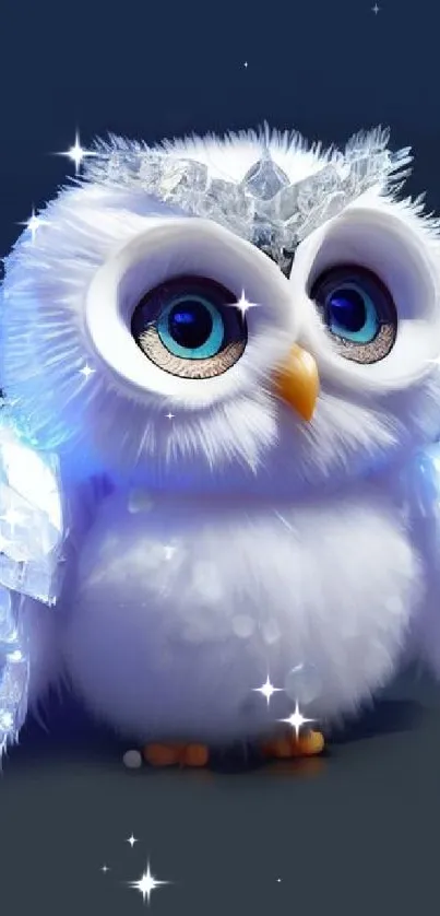 Frosty white owl with blue eyes and icy crystal crown on dark blue background.