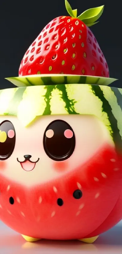 Kawaii watermelon character with strawberry hat on a mobile wallpaper.