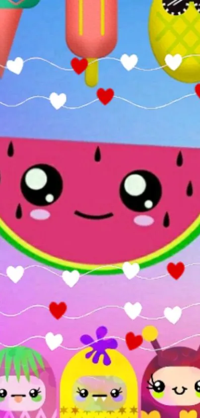 Cute cartoon fruit wallpaper with vibrant colors and playful hearts.