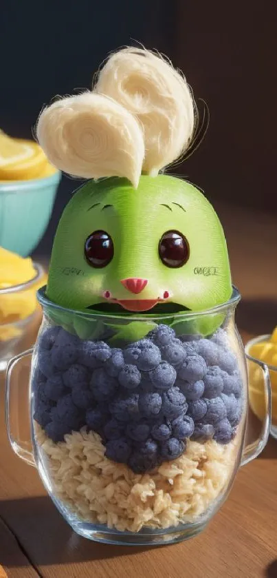 Cute fruit character in cup with blueberries and rice.