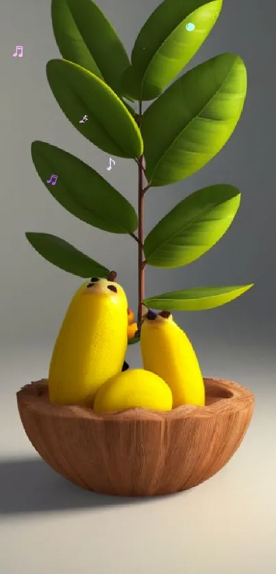 Wooden bowl with cute yellow fruit birds and green leaves.