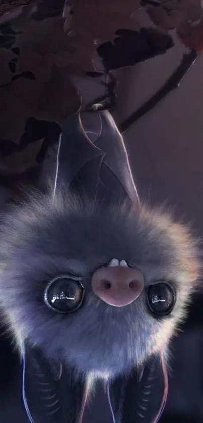 Cute fluffy bat hanging upside down in a mystical, purple-toned setting.