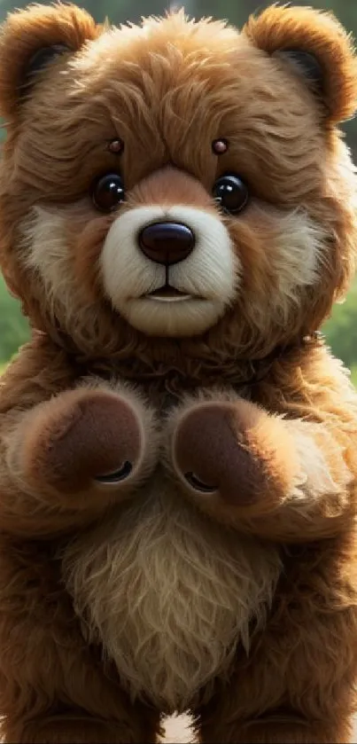Adorable furry bear on a wooden deck with a forest background.