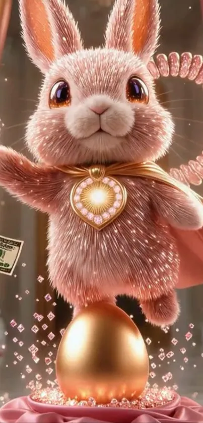 Cute fluffy bunny standing on a sparkling egg in fantasy art style.