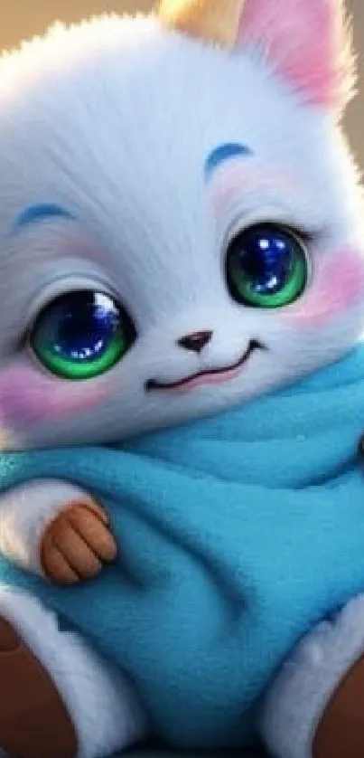 Cute furry cartoon character with green eyes and blue blanket.