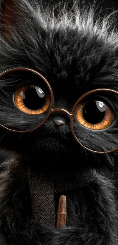 Adorable furry black cat with large glasses