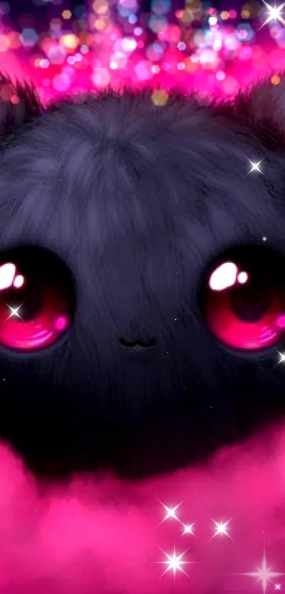 Cute furry creature with glowing pink eyes in a vibrant mist.