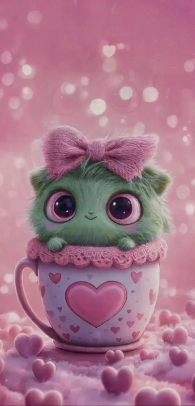 Cute green furry creature in cup with pink hearts.