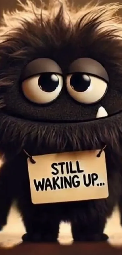 Adorable furry creature with a sign reading 'Still Waking Up'.