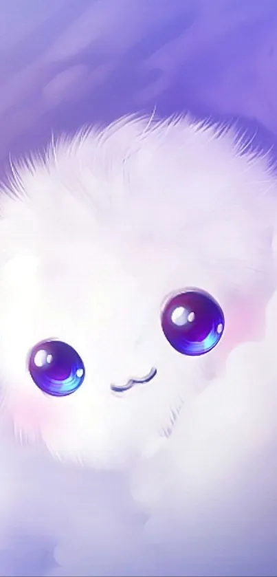 Cute furry creature with big blue eyes and lavender background.