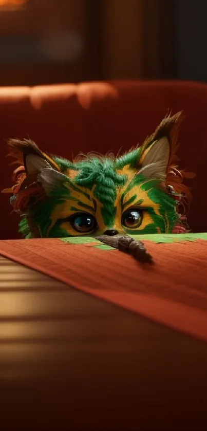 Colorful creature with furry ears peeking over an orange table.