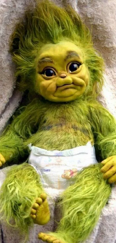 Cute green furry creature with spiky hair in a diaper.