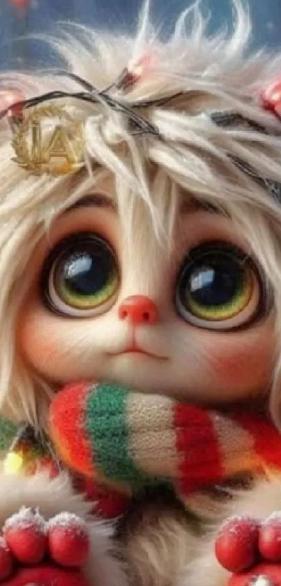 Cute furry creature with big eyes and a colorful scarf.