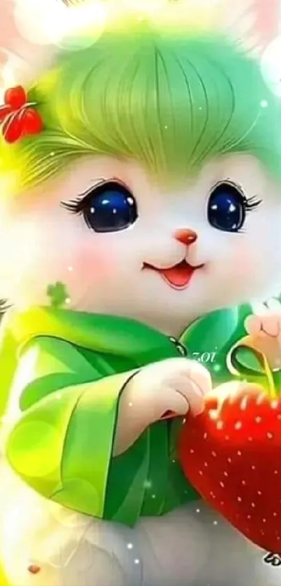 Cute furry creature with green fur holding a red strawberry.