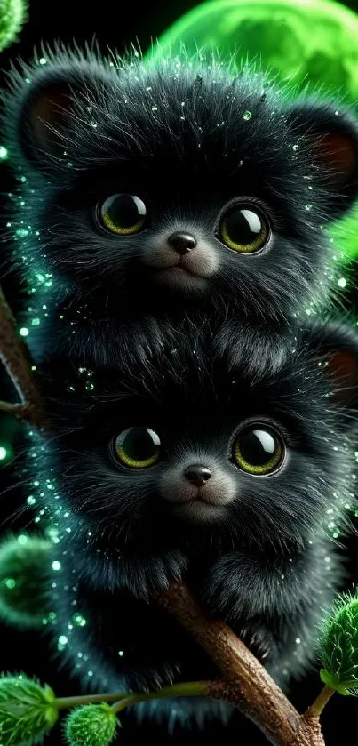 Two cute furry creatures with glowing green eyes.