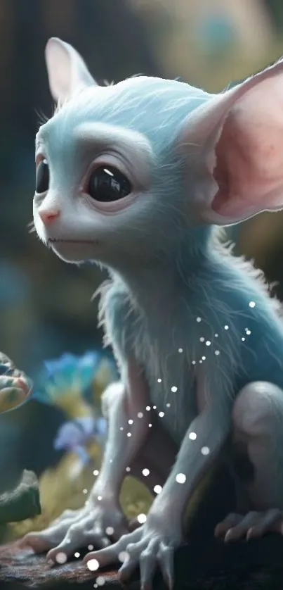 Cute blue fantasy creature in a whimsical forest setting.