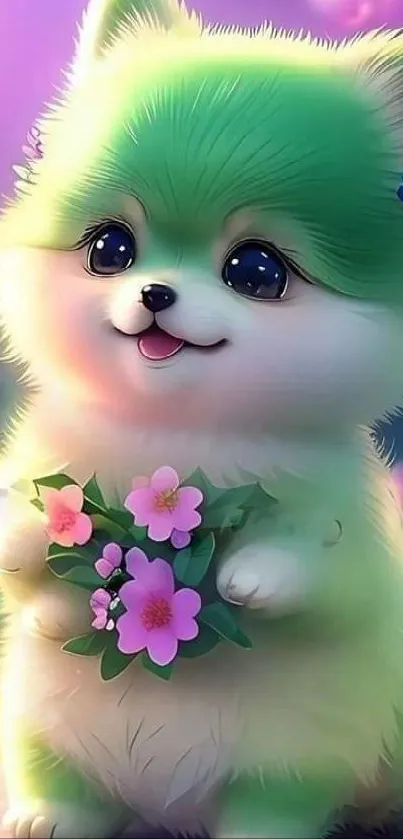 Cute green furry creature with flowers in fantasy setting.