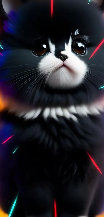 Adorable fluffy black kitten with vibrant orange and purple background.