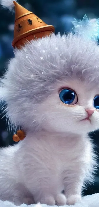 Adorable kitten in a winter hat with blue eyes on a snowy background.