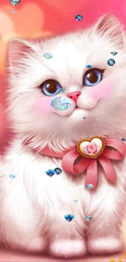 Adorable kitten with pink heart bow on artistic pink background.